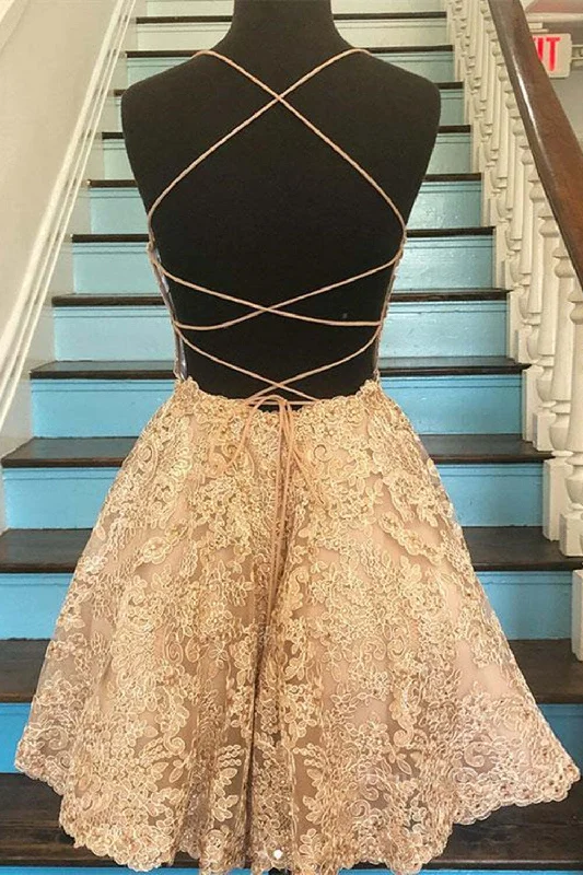 Cute Backless Short Golden Lace Prom Dresses, Golden Lace Homecoming Dresses, Short Golden Formal Evening Dresses Tunics Essential wardrobe Cute Backless Short Golden Lace Prom Dresses, Golden Lace Homecoming Dresses, Short Golden Formal Evening Dresses Tunics Essential wardrobe