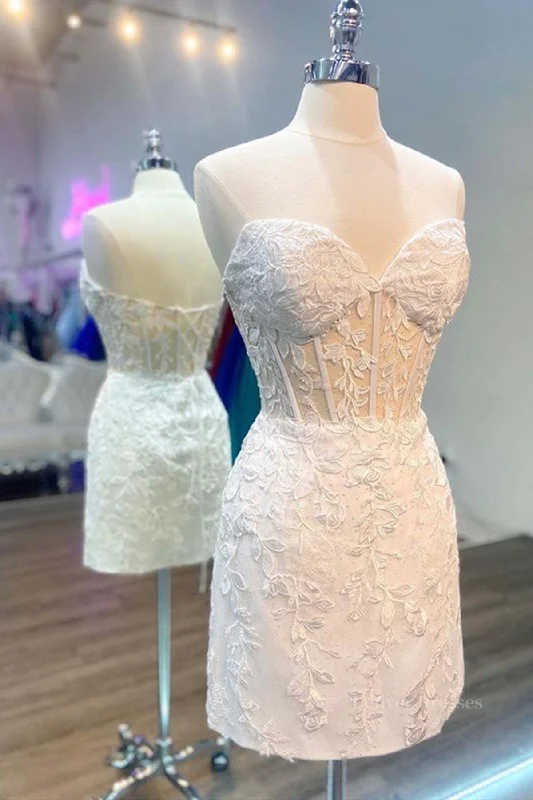 Strapless Short White Lace Prom Dresses, Short White Lace Formal Homecoming Dresses Square Neckline Feminine Strapless Short White Lace Prom Dresses, Short White Lace Formal Homecoming Dresses Square Neckline Feminine