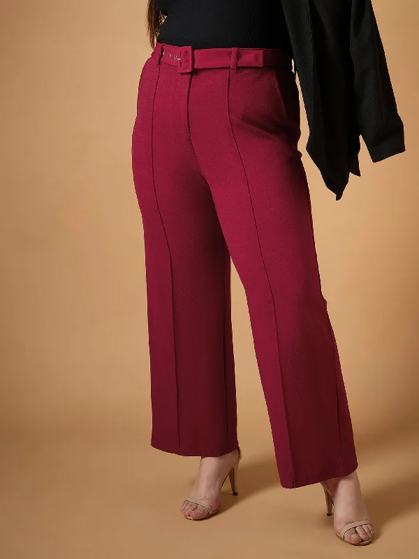 Women Maroon Belt Detail Straight Pants Elegant High-Waist Pants