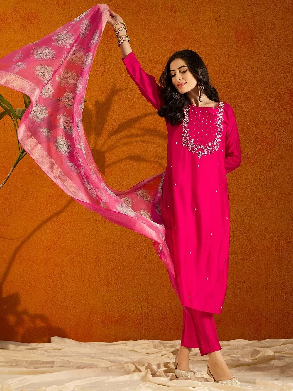 Women Round Neck Embroidered Work Viscose Rayon Fabric Kurta & Pant With Dupatta Set Relaxed Linen Pants