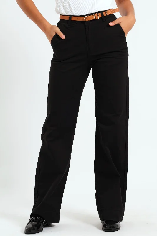 Belted Stretch Sateen Wideleg Chino Pants - Black Modern Stretch Trousers