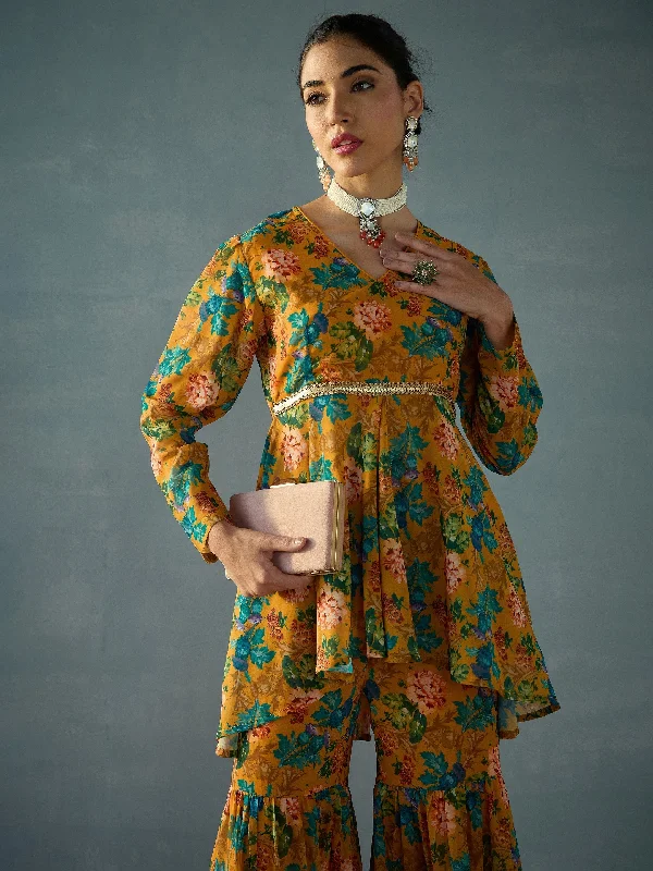 Women Yellow Floral High Low Peplum Top With Sharara Pants Comfortable Wide-Leg Pants