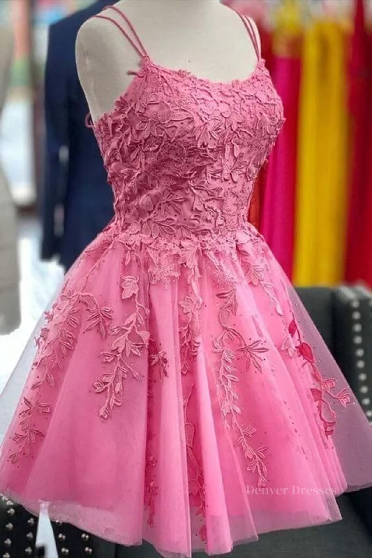 Short Pink Backless Lace Prom Dresses, Short Pink Open Back Formal Homecoming Dresses Boat Neckline Classic Short Pink Backless Lace Prom Dresses, Short Pink Open Back Formal Homecoming Dresses Boat Neckline Classic