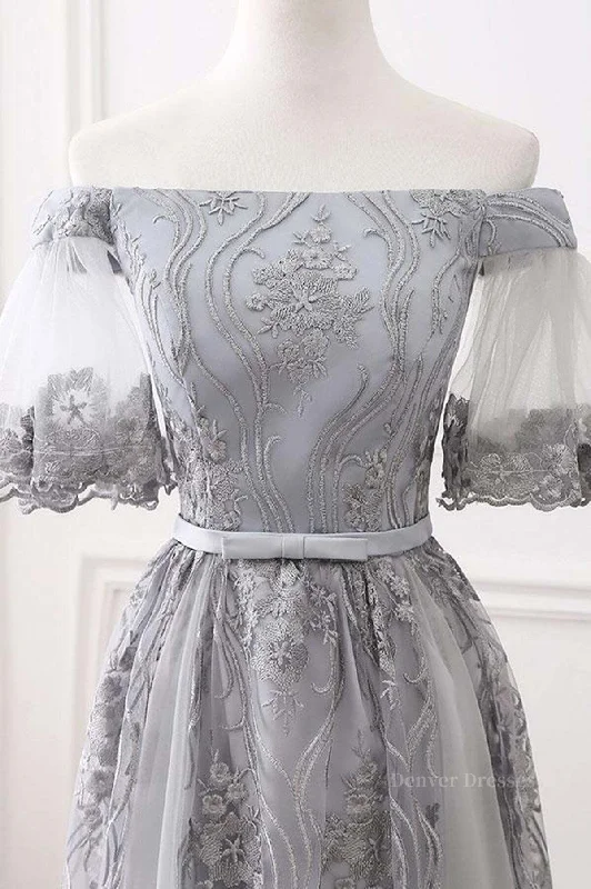 Short Sleeves Grey Lace Long Prom Dresses, Short Sleeves Gray Lace Long Formal Evening Dresses Tunics Exclusive limited