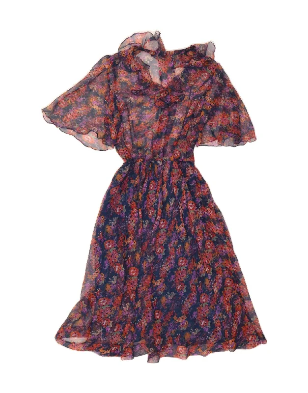 VINTAGE Womens Batwing A-Line Dress UK 10 Small Navy Blue Floral Tunics Seasonal trendy VINTAGE Womens Batwing A-Line Dress UK 10 Small Navy Blue Floral Tunics Seasonal trendy