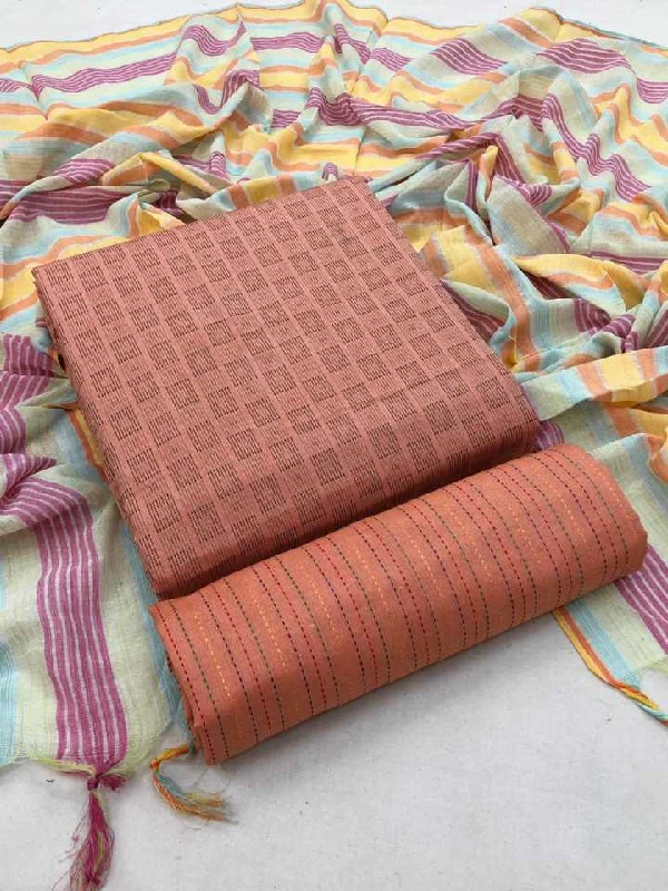 Orange Pure Handloom Cotton Unstitched Dress Material sweetheart Neckline Romantic