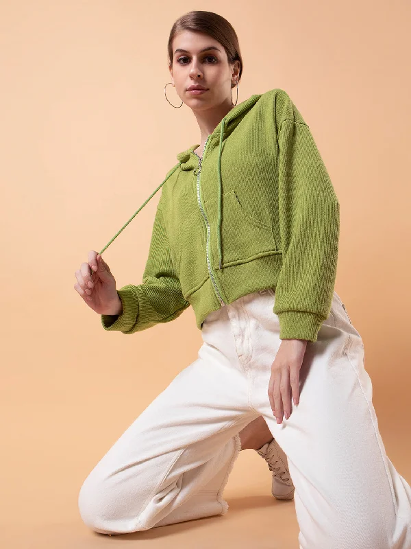 Women Solid Green Hooded Sweatshirt-1123-Green Hoodie with Pattern Geometric Abstract