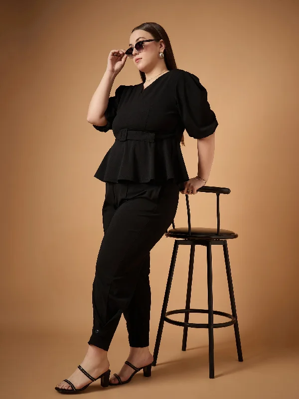 Women Black Solid Peplum Top With Straight Pants Casual Drawstring Pants