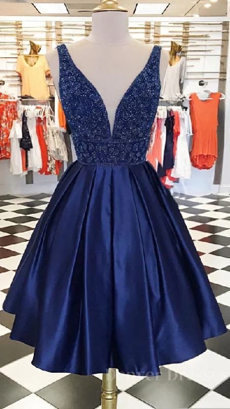 Dark blue v neck beads satin short prom dress, blue homecoming dress Tunics Corduroy durable Dark blue v neck beads satin short prom dress, blue homecoming dress Tunics Corduroy durable