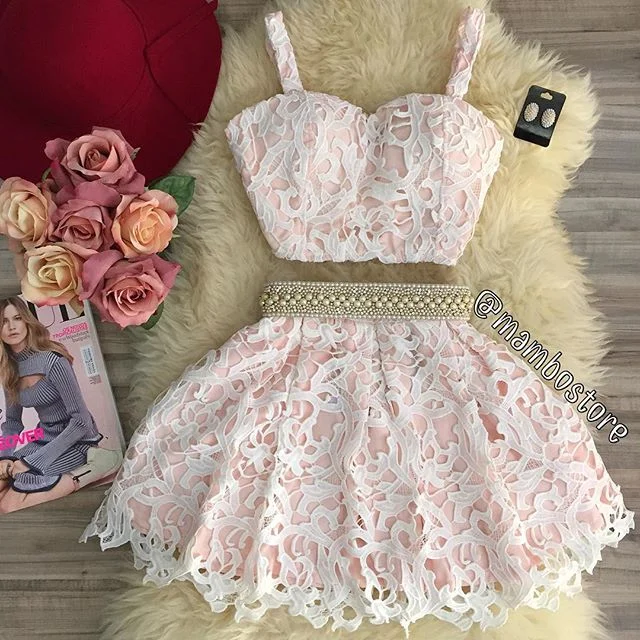 Sexy Two Piece Sweetheart Mini Pink Lace Homecoming Dress with Pearls Tunics Short Trendy Sexy Two Piece Sweetheart Mini Pink Lace Homecoming Dress with Pearls Tunics Short Trendy