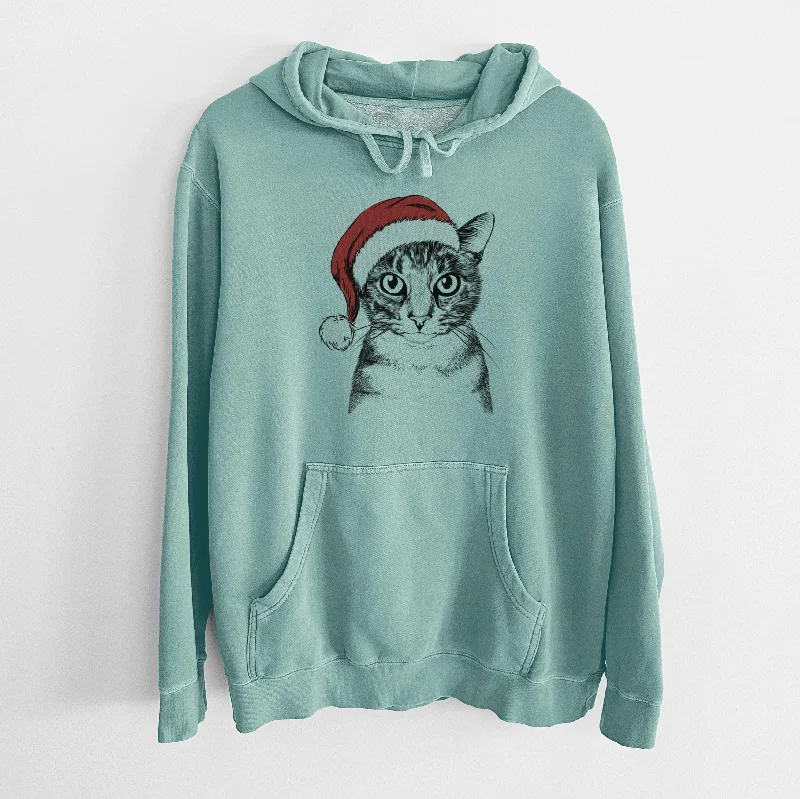 Santa Hat Hobbes the Tabby Cat - Unisex Pigment Dyed Hoodie Hoodie with Rhinestones Sparkly Elegant