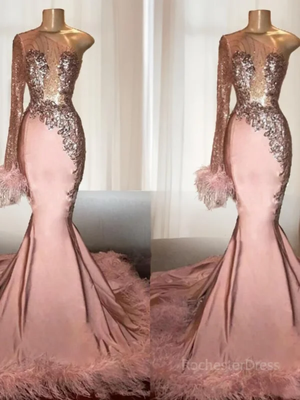 Trumpet/Mermaid One-Shoulder Chapel Train Elastic Woven Satin Evening Dresses With Feather Tunics Evening elegant Trumpet/Mermaid One-Shoulder Chapel Train Elastic Woven Satin Evening Dresses With Feather Tunics Evening elegant