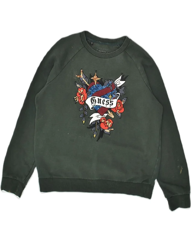 GUESS Womens Graphic Sweatshirt Jumper UK 6 XS Green Floral Cotton Hoodie with Oversized Fit Loose Comfortable