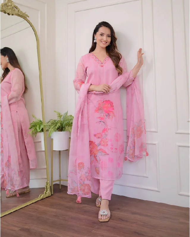 Women V Neck Embroidered Work Organza Fabric Kurta & Pant With Dupatta Set High-Waist Trousers Women V Neck Embroidered Work Organza Fabric Kurta & Pant With Dupatta Set High-Waist Trousers
