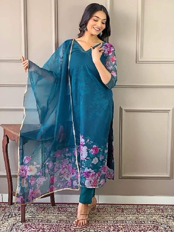 Women V Neck Printed Work Tabby Viscose Fabric Kurta & Pant With Dupatta Set Comfortable Denim Trousers Women V Neck Printed Work Tabby Viscose Fabric Kurta & Pant With Dupatta Set Comfortable Denim Trousers