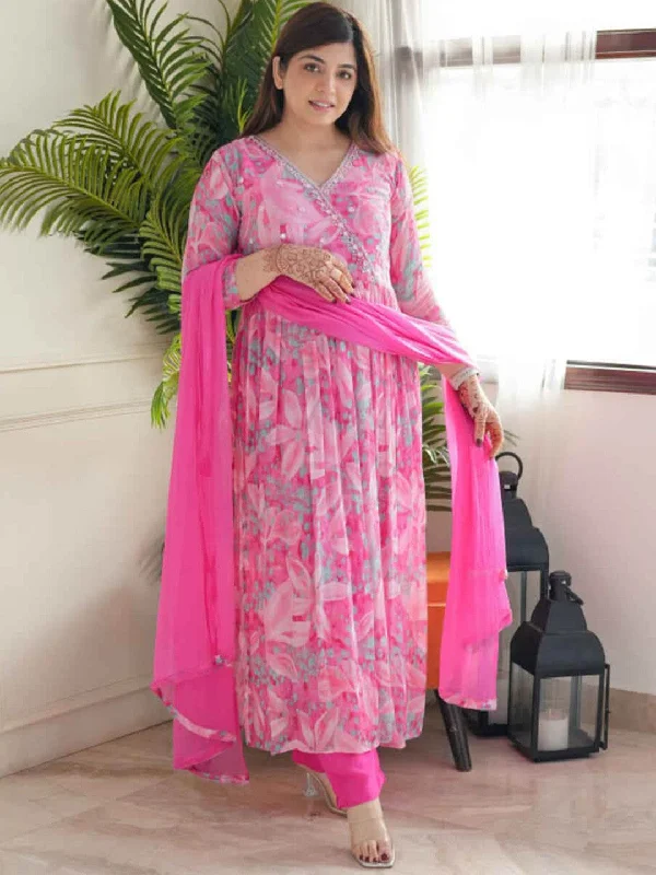 Women V Neck Printed Embroidered Work, Georgette Fabric Kurta & Pant With Dupatta Set Cozy Full-Length Pants Women V Neck Printed Embroidered Work, Georgette Fabric Kurta & Pant With Dupatta Set Cozy Full-Length Pants