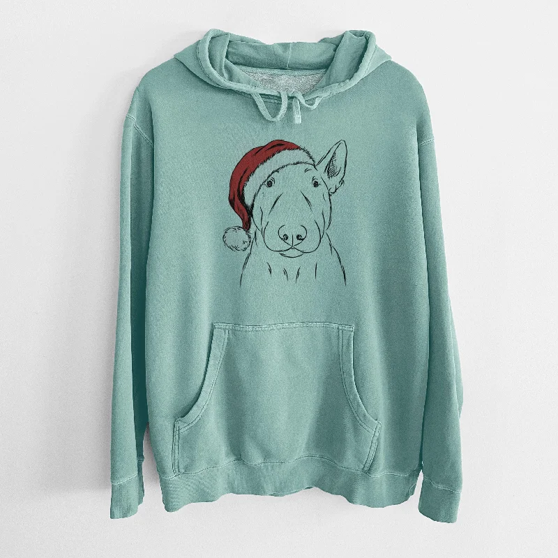 Santa Hat Jett the Bull Terrier - Unisex Pigment Dyed Hoodie Hoodie with Elastic Waist Stretchable Comfortable