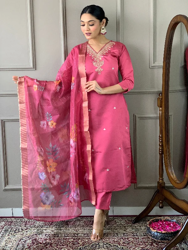 Women V Neck Embroidered Work Chanderi Viscose Fabric Kurta & Pant With Dupatta Set Comfy Cargo Trousers Women V Neck Embroidered Work Chanderi Viscose Fabric Kurta & Pant With Dupatta Set Comfy Cargo Trousers