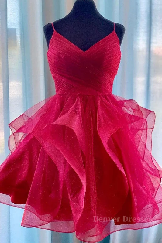 V Neck Burgundy Tulle Short Prom Dresses, V Neck Burgundy Homecoming Dresses, Burgundy Graduation Formal Evening Dresses empire Waist empire