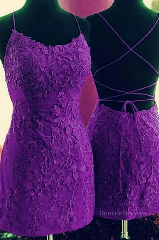 Mermaid Backless Purple Lace Prom Dresses, Mermaid Purple Homecoming Dresses, Short Purple Lace Formal Evening Dresses Tunics Fashionable trendy Mermaid Backless Purple Lace Prom Dresses, Mermaid Purple Homecoming Dresses, Short Purple Lace Formal Evening Dresses Tunics Fashionable trendy