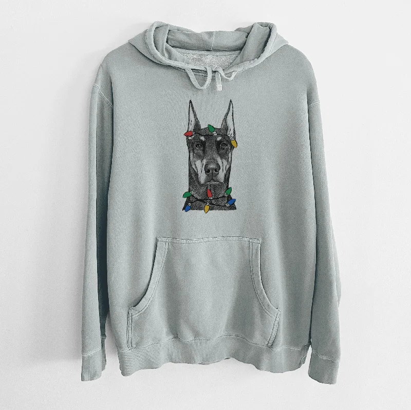 Christmas Lights Drake the Doberman Pinscher - Unisex Pigment Dyed Hoodie Hoodie with Velcro Closure Adjustable Secure
