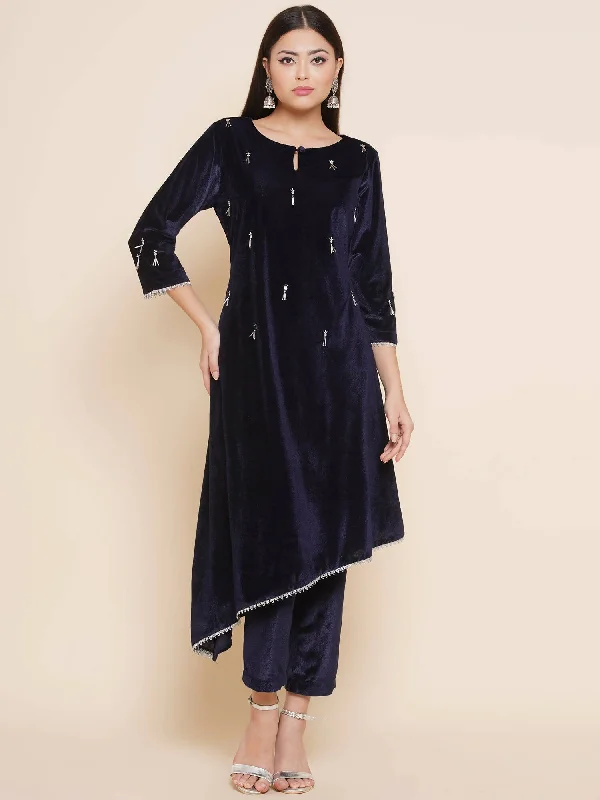 Women Republic Navy Blue Velvet Assymetrical Hand Embellished Kurta With Pants Casual Plaid Pants