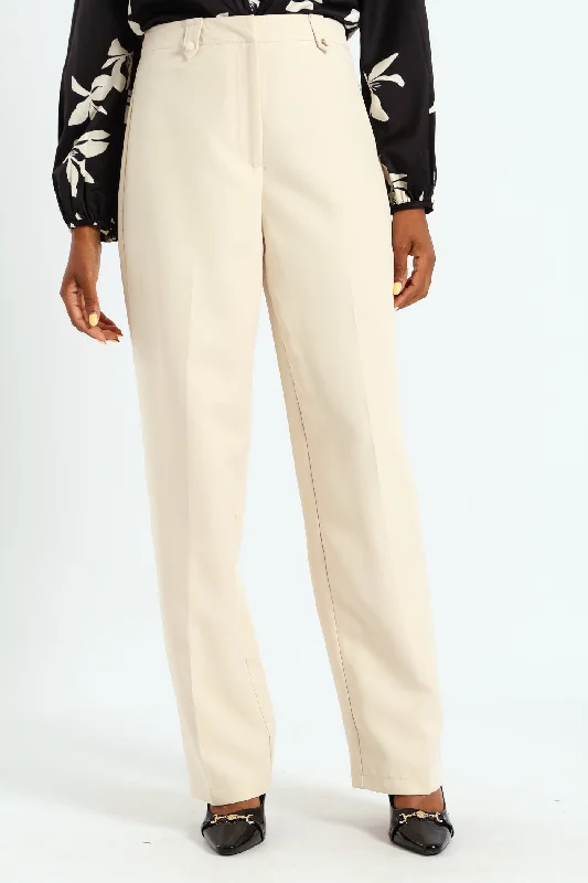 Button Tab Straight Leg Pants - Cream Trendy Velvet Pants