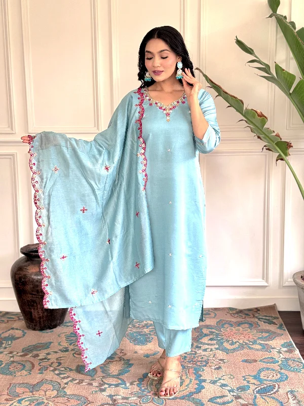 Women V Neck Embroidered Work Chanderi Viscose Fabric Kurta & Pant With Dupatta Set Trendy Printed Leggings Women V Neck Embroidered Work Chanderi Viscose Fabric Kurta & Pant With Dupatta Set Trendy Printed Leggings