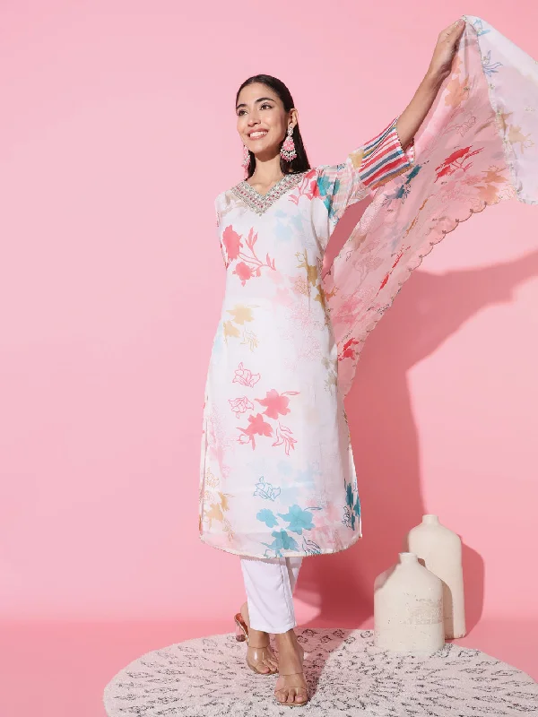 Women V-Neck Floral-Printed Organza Fabric Kurta And Pant With Dupatta Set Relaxed High-Waist Trousers Women V-Neck Floral-Printed Organza Fabric Kurta And Pant With Dupatta Set Relaxed High-Waist Trousers
