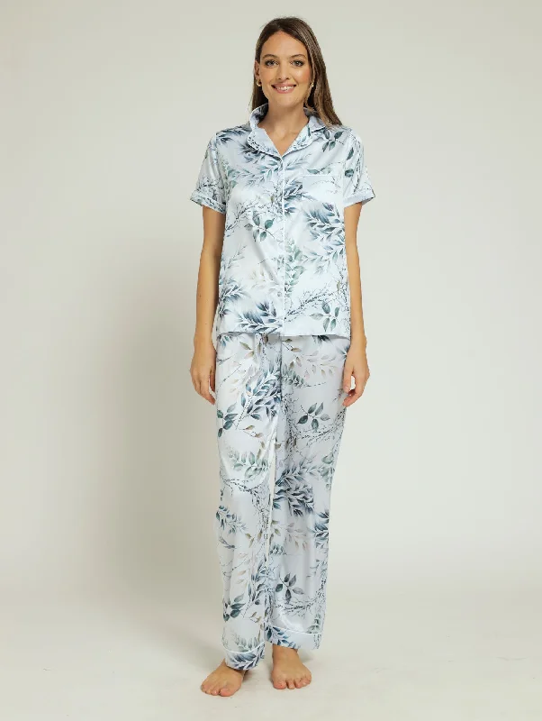 Satin Leaves Button Through & Pant Set - Light Blue Casual Sweatpants Style