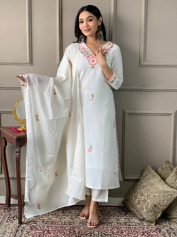 Women V Neck Embroidered Work Pure Cotton Fabric Kurta & Pant With Dupatta Set Classic Flared Pants Women V Neck Embroidered Work Pure Cotton Fabric Kurta & Pant With Dupatta Set Classic Flared Pants