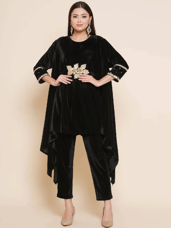 Women Republic Black Velvet Kaftaan Style Kurta With Pants Stretch Fit Pants