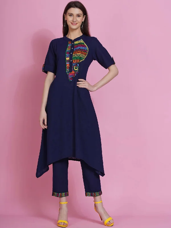 Women Republic Navy Blue Cotton Embroidered Kurta With Pants Cozy Knit Pants