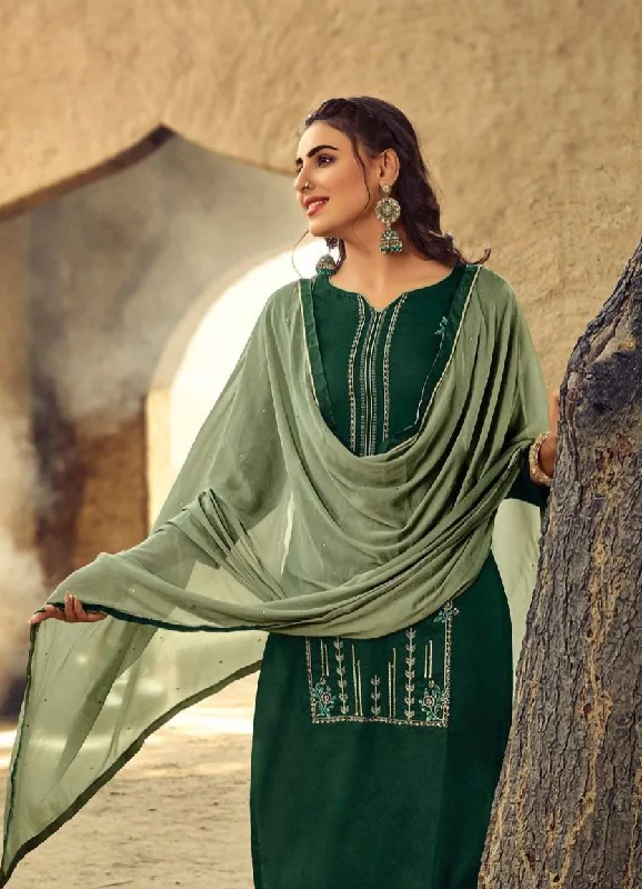 Women's Green Cotton Unstitched Dress Material Suit Set Tunics Polka dots