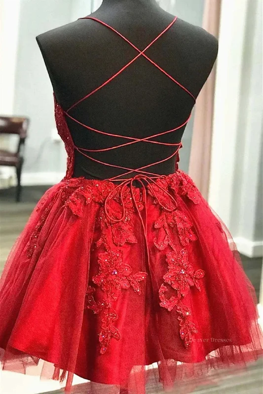 A Line V Neck Short Red Lace Prom Dresses, Short Red Lace Formal Homecoming Dresses A-Line Day Work A Line V Neck Short Red Lace Prom Dresses, Short Red Lace Formal Homecoming Dresses A-Line Day Work