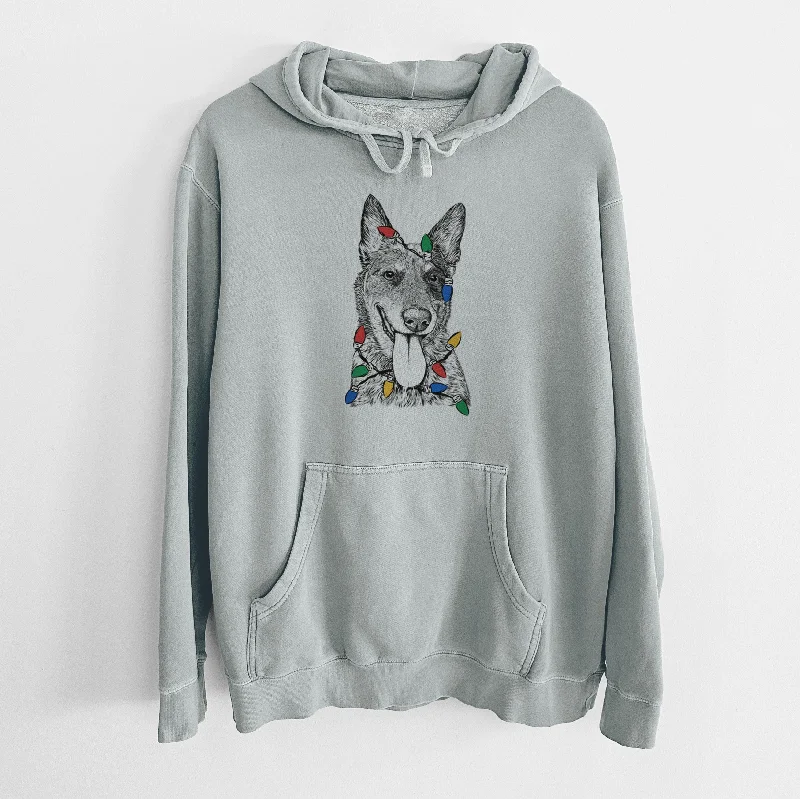 Christmas Lights Madison the Blue Heeler - Unisex Pigment Dyed Hoodie Hoodie with Illustration Artistic Creative