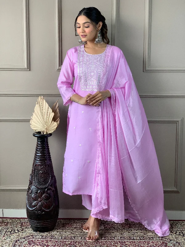 Women Round Neck Embroidered Work, Chanderi Fabric Kurta & Pant With Dupatta Set Elegant High-Waist Pants Women Round Neck Embroidered Work, Chanderi Fabric Kurta & Pant With Dupatta Set Elegant High-Waist Pants
