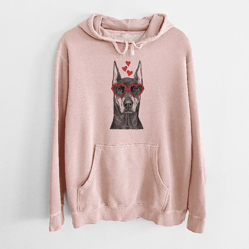 Valentine Drake the Doberman Pinscher - Unisex Pigment Dyed Hoodie Hoodie with Drawstring Waist Adjustable Fitted
