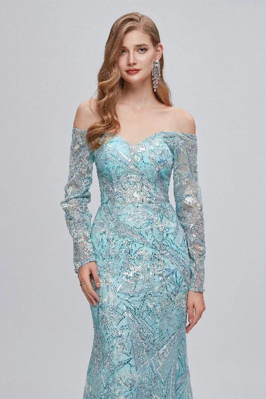Pastel Blue Sparkly Embroidery Long Sleeve Mermaid Evening Dresses Tunics Long Elegant Pastel Blue Sparkly Embroidery Long Sleeve Mermaid Evening Dresses Tunics Long Elegant
