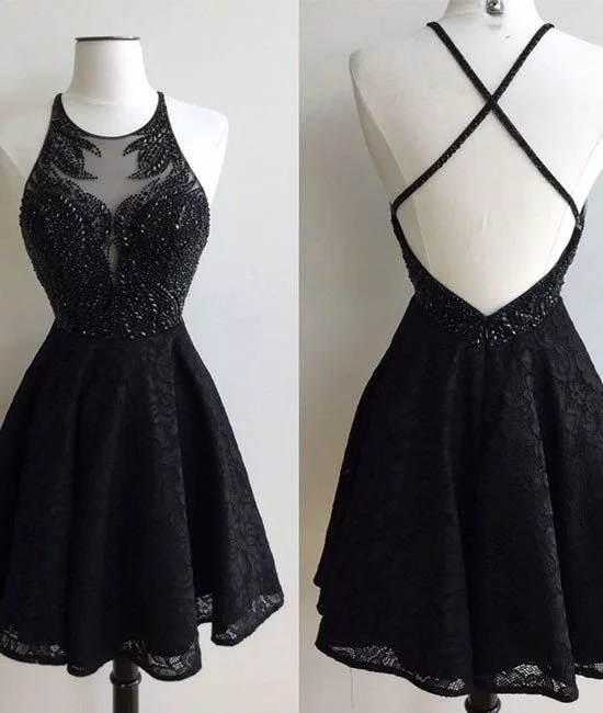 Black Beaded Embellished Halter Crew Neck Short Lace Homecoming Dress Featuring Criss-Cross Open Back Pencil Office Professional Black Beaded Embellished Halter Crew Neck Short Lace Homecoming Dress Featuring Criss-Cross Open Back Pencil Office Professional