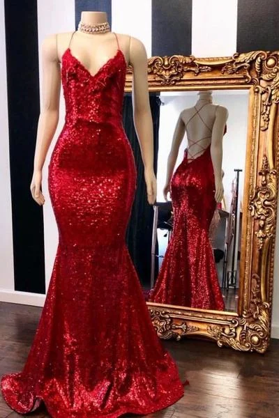 Long Sequin Red Prom Dresses Mermaid Sleeveless Evening Gown Shift Classic Vintage