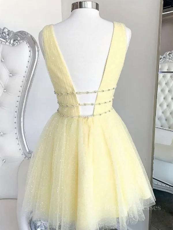 A Line V Neck Short Yellow Prom Dresses, Short V Neck Yellow Formal Homecoming Dresses Tunics Print Colorful A Line V Neck Short Yellow Prom Dresses, Short V Neck Yellow Formal Homecoming Dresses Tunics Print Colorful