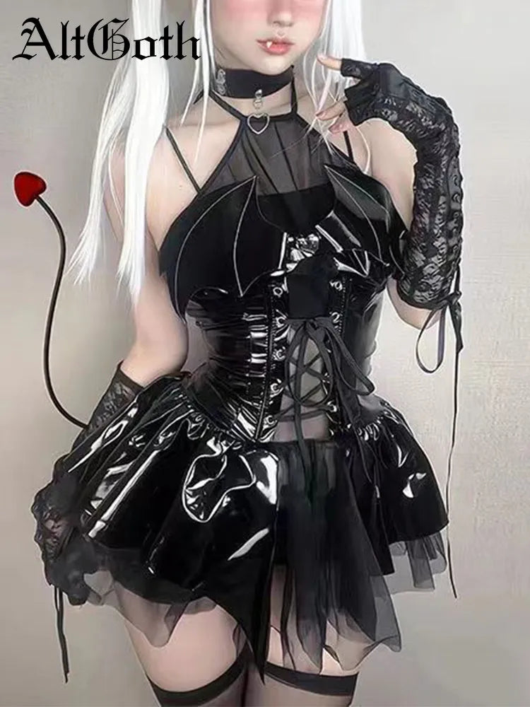 Yipinpay Sexy Cosplay Pu Dress Women Harajuku Streetwear Grunge Bandage Hollow Out Bats Dress Punk Y2k E-girl Mall Gothic Clothes Tunics Chic elegant Yipinpay Sexy Cosplay Pu Dress Women Harajuku Streetwear Grunge Bandage Hollow Out Bats Dress Punk Y2k E-girl Mall Gothic Clothes Tunics Chic elegant