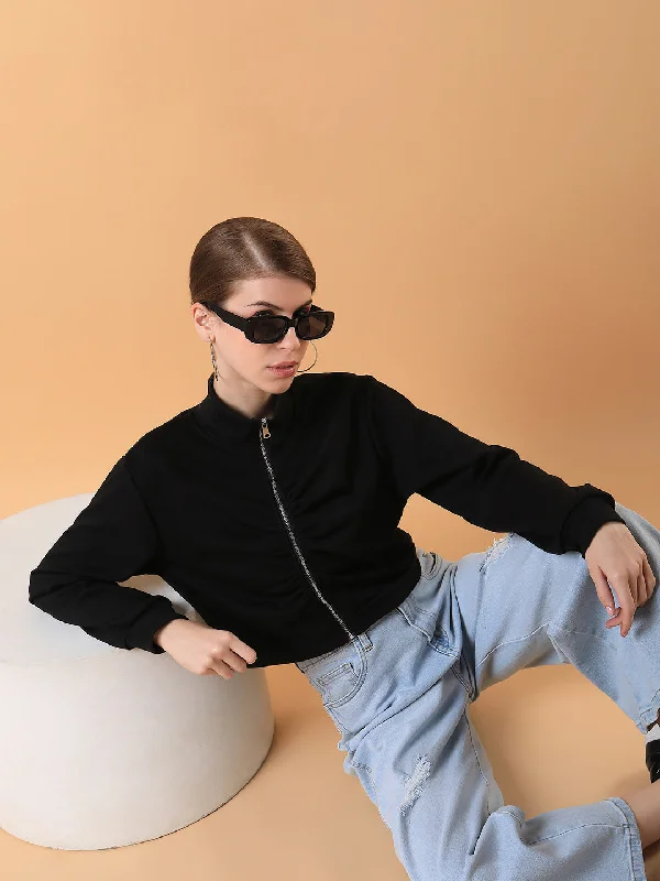 Women Solid Black Front-Open Sweatshirt-2280-Black Hoodie with Drawcord Adjustable Secure