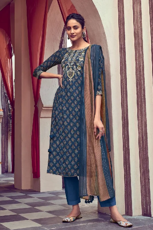 Women's Blue Unstitched Modal Silk Suit Dress Material with Embroidery Tunics Leisure comfortable Women's Blue Unstitched Modal Silk Suit Dress Material with Embroidery Tunics Leisure comfortable