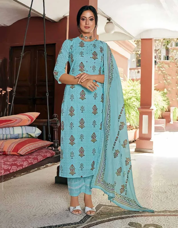 Women's Pure Cotton Unstitched Blue Suit Dress Material Tunics Yoga stretchy