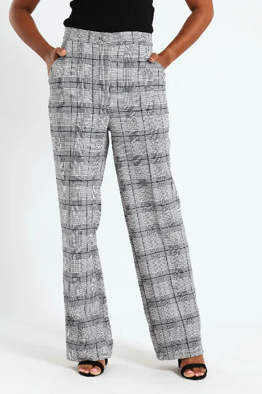 Pintuck Houndstooth Straight Leg Pant - Grey Trendy Wide-Legged Trousers