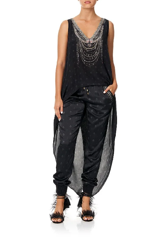 DRAWSTRING PANT WITH RIBBING BLACK Trendy Work Pants