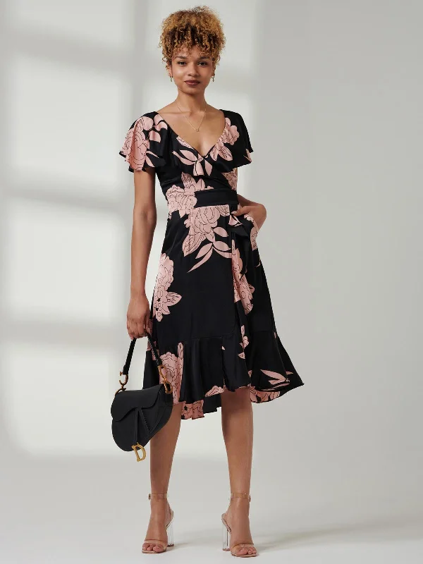 Julissa Satin Flare Hem Dress, Pink Floral Tunics Summer linen