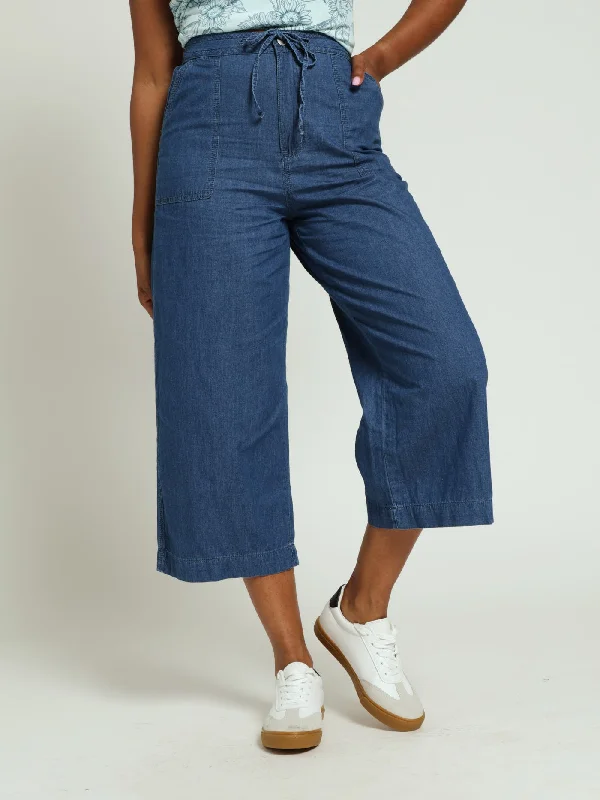 Utility Selfbelt Crop Wideleg Pants - Medium Wash Classic Flared Pants